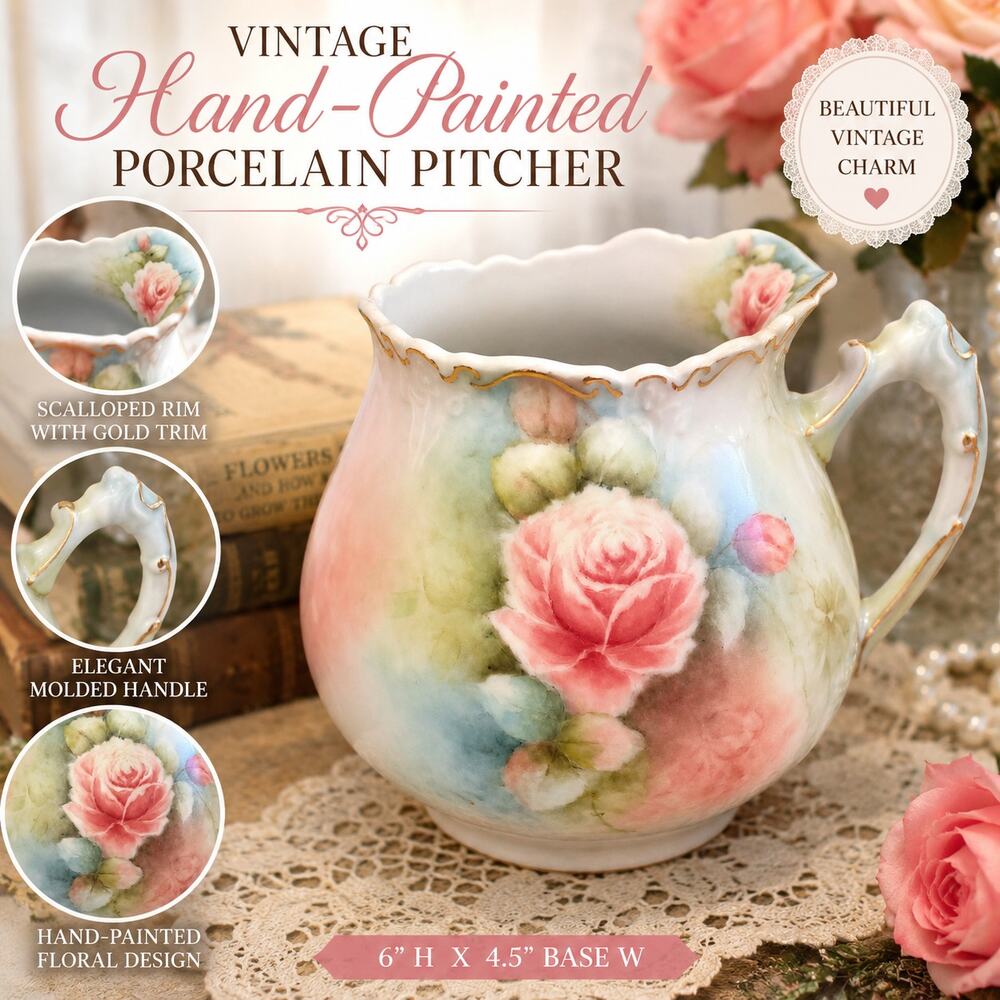 Vintage Correne Bogard Hand Painted Rose Porcelain Pitcher Floral Gold Trim 6"